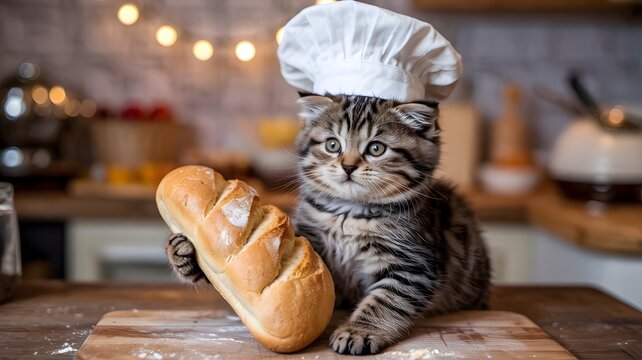Adorable Kitten Wearing a Chef's Hat and Holding a Freshly Baked Loaf of Bread - Powered by Adobe