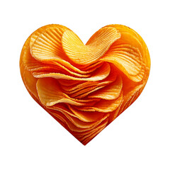 Heart made from stacked golden potato chips, crisp and textured, floating on a white background with a soft shadow, playful and appetizing.