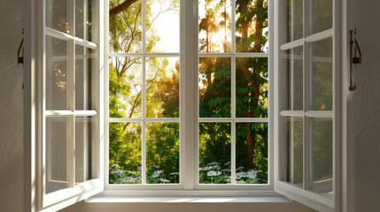 Serene view through open window reveals lush green garden bathed in warm sunlight, creating peaceful and inviting atmosphere. vibrant foliage and blooming flowers enhance natural beauty outside