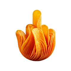 Middle finger made from stacked golden potato chips, crisp and textured, floating on a white background with a soft shadow, playful and appetizing.