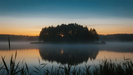 Obraz premium Misty Lake at Dawn with Tree-Covered Island