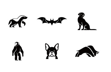 Animal Icons Silhouette Set: Skunk, Bat, Dog, Ape, Bulldog, Bull