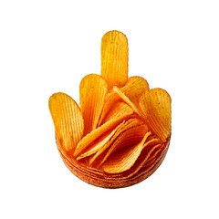 Middle finger made from stacked golden potato chips, crisp and textured, floating on a white background with a soft shadow, playful and appetizing.