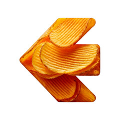 Arrow made from stacked golden potato chips, crisp and textured, floating on a white background with a soft shadow, playful and appetizing.
