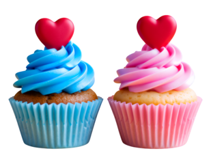 Blue and Pink Cupcakes with Heart Toppers on Transparent Background, 3D Realism Design Element