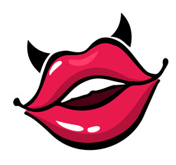 Red lips with black horns. Demonic red lips with horns. Elements for romantic design. Sexy woman's lip. Kiss.