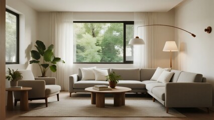 Fototapeta premium Modern Living Room with Neutral Tones and Large Windows