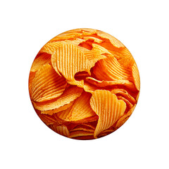 Planet Earth made from stacked golden potato chips, crisp and textured, floating on a white background with a soft shadow, playful and appetizing.