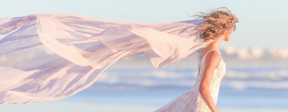 Woman walking on beach with flowing fabric.