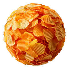 Sphere made from stacked golden potato chips, crisp and textured, floating on a white background with a soft shadow, playful and appetizing.