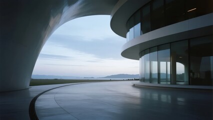Modern Curved Building with Glass Facade and Open Interior
