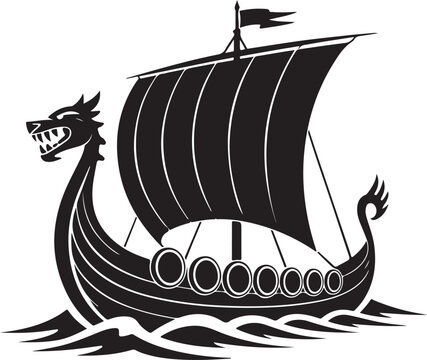 Black Viking Ship Icon with sail and oars, presented in a clean flat vector style