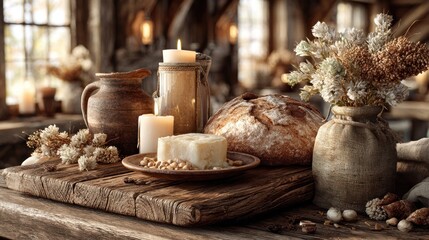 Fototapeta premium Rustic Harmony Still Life: Bread, Candles, and Blooms on Weathered Wood