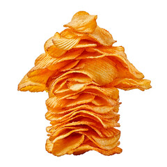 Arrow made from stacked golden potato chips, crisp and textured, floating on a white background with a soft shadow, playful and appetizing.