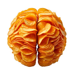 Brain made from stacked golden potato chips, crisp and textured, floating on a white background with a soft shadow, playful and appetizing.