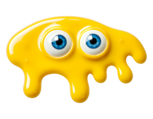 Bright Yellow Goopy Face with Blue Eyes, Glossy 3D Realism Illustration with Transparent Background