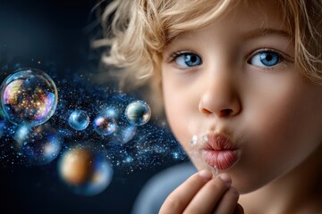 Child blowing bubbles against a cosmic background with vibrant colors and detailed reflections