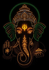Neon green outline of the great Ganpati