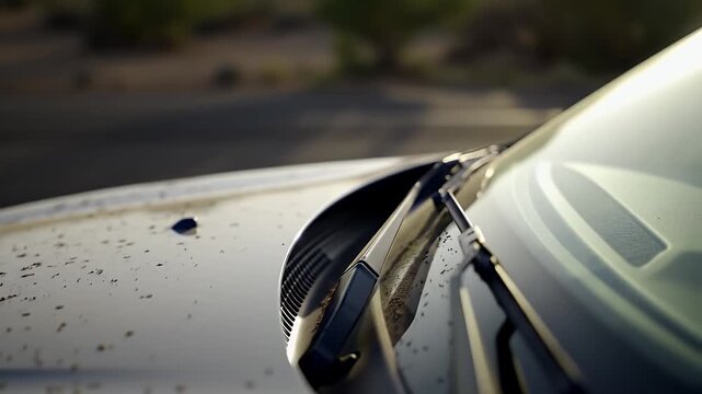 Close Up of Car Hood Windshield and Wipers Covered with Bugs and Insect Remains in Soft Sunlight with Blurred