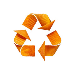 Recycling icon made from stacked golden potato chips, crisp and textured, floating on a white background with a soft shadow, playful and appetizing.