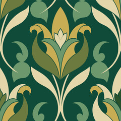 Seamless art nouveau floral pattern in green and gold background