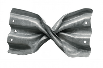 Metallic sheet bent into bow tie shape, symbolizing industrial design, structural strength, resilience against white backdrop