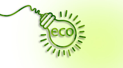 Green leaf outline of a light bulb with “eco” text inside, symbolizing sustainable energy and environmental awareness.