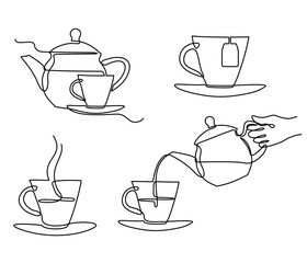 Teapot and tea cup one line continuous drawing set. Continuous one single line drawing of teapot with tea and cup. Pouring drink. Hand drawn linear silhouette icon. Outline design element
