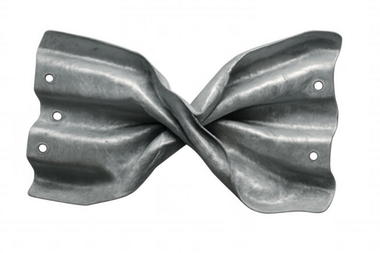 Metallic sheet bent into bow tie shape, symbolizing industrial design, structural strength, resilience against white backdrop