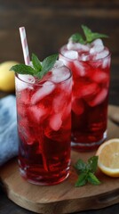 Cooling red drinks with mint and lemon
