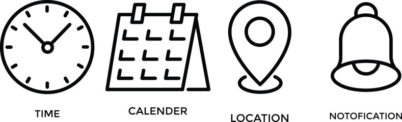 Time, date and address icon set. Map and notification bell icons. Calendar, clock, map pin, reminder. Notice alert, Notification, schedule, time clock vector illustration
