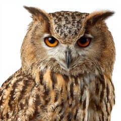 Fototapeta premium A close-up shot of an owl with sharp orange eyes, showcasing its detailed feathers
