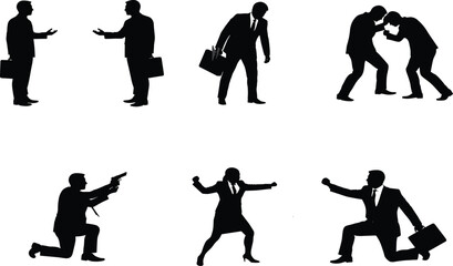 Silhouettes of business people in conflict, negotiation, teamwork, aggression, professional interactions, corporate struggle, workplace challenges, 