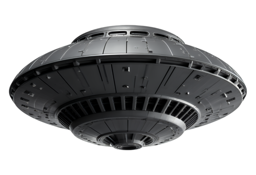 Glossy Silver Flying Saucer on Transparent Background, 3D Realism Design Element
