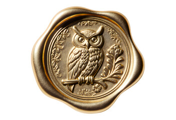 Gold Owl Seal with Floral Branch, Glossy Metal Design Element on Transparent Background