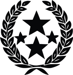A striking black and white emblem featuring three prominent stars enclosed within a laurel wreath symbolizing achievement and victory