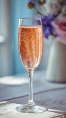 Sparkling rose drink in a glass next to flowers