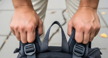 Close-up of a person's hands firmly gripping the straps of a black backpack before a journey.