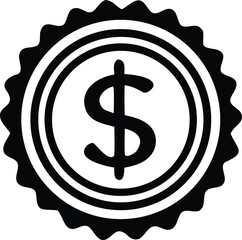 A circular emblem featuring a bold dollar sign at its center symbolizing wealth and financial success in a striking black and white design