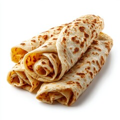 Stack of Delicious Rolled Flatbreads. The flatbreads are golden-brown, with slight char marks. The food looks appetizing and fresh.