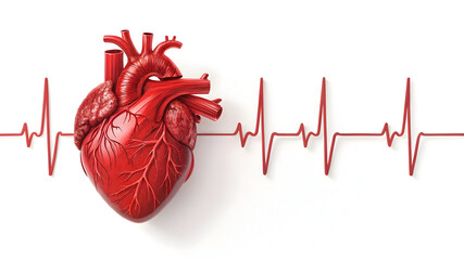 Realistic red human heart with electrocardiogram line on full hd 4k stock image download white background