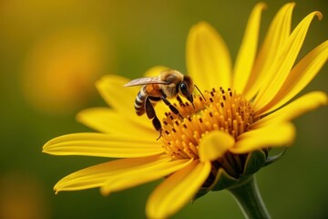 Fluffy bee on vibrant sunflower, collecting pollen , nectar, bee
