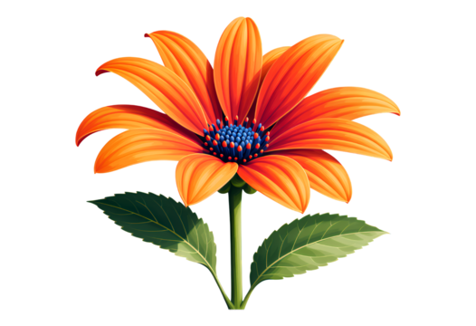 Orange Daisy Flower with Blue Center, Glossy Illustration on Transparent Background, Graphic Design Element