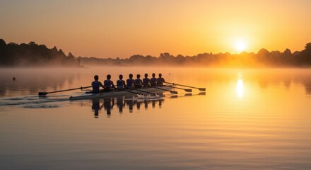 Rowing athletes training on calm lake at sunrise