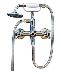 Polished Chrome Shower Faucet with Cross Handles, Transparent Background, Modern Bathroom Asset