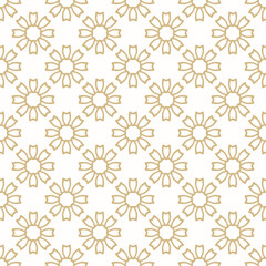 Vector geometric floral seamless pattern. Simple elegant background with golden outline flowers. Retro vintage texture. Gold and white luxury ornament. Repeating geo design for decor, print, wallpaper