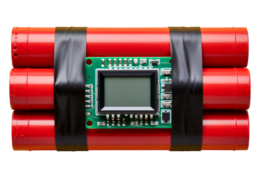 Red Dynamite Sticks with Digital Display on Transparent Background, Cyberpunk Design Element