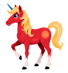 Red Unicorn with Sunburst Marking, Transparent Background, Digital Illustration