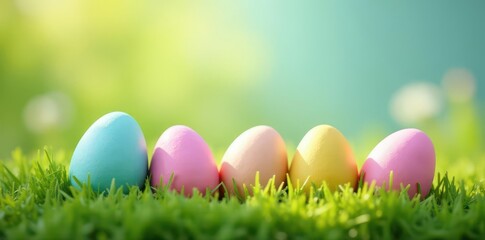 Fototapeta premium Vibrant pastel Easter eggs nestled in spring grass , holiday, red, pastel