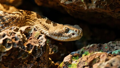 Serpent observing prey desert rocks wildlife photography natural habitat close-up venomous species